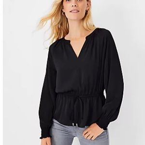 New Ann Taylor Smocked Wrist Tie Waist Blouse in Black Size Large